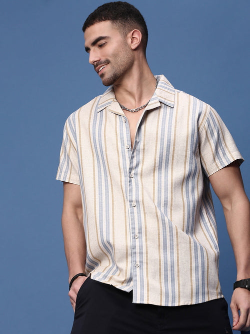 Men Beige Cuban Collar Striped Shirt-AU-4008-Beige