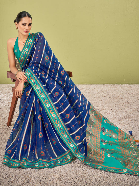 Saree Mall Women's Cotton Blend Navy Blue Woven Design Designer Saree With Blouse Piece-AVANI87101