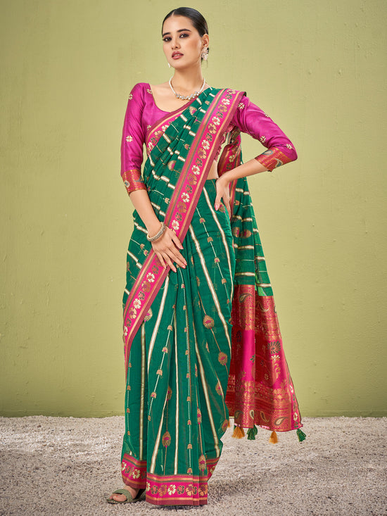 Saree Mall Women's Cotton Blend Green Woven Design Designer Saree With Blouse Piece-AVANI87102