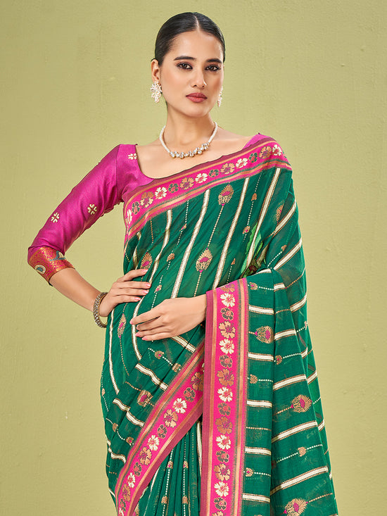 Saree Mall Women's Cotton Blend Green Woven Design Designer Saree With Blouse Piece-AVANI87102