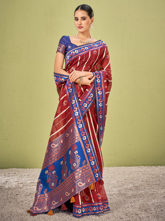 Saree Mall Women's Cotton Blend Maroon Woven Design Designer Saree With Blouse Piece-AVANI87105