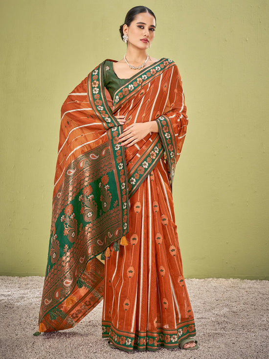 Saree Mall Women's Cotton Blend Rust Woven Design Designer Saree With Blouse Piece-AVANI87106