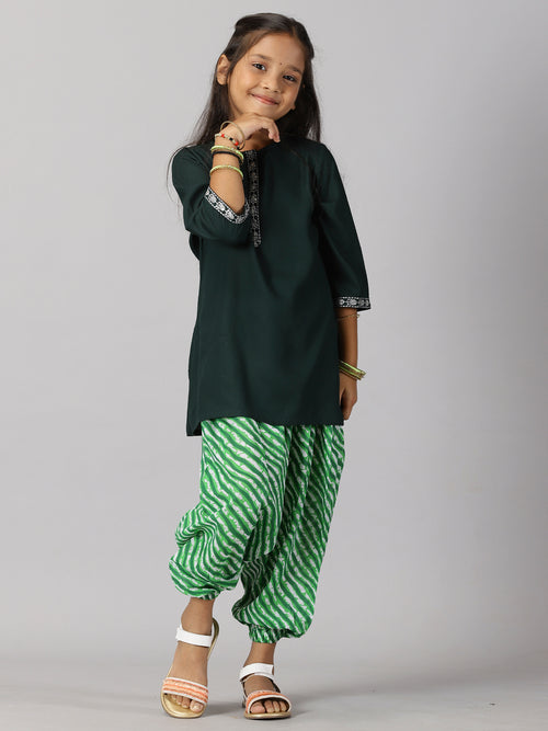 Girls 3/4Th Sleeve Short Kurta & Jodhpuri Pant Set