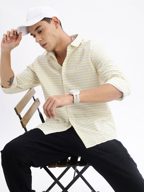 Men Spread Collar Checked Slim Fit Yellow Shirt-Aari-2772-Yellow