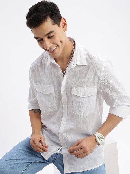 Men Spread Collar Solid Slim Fit White Shirt-Alby-2728-White