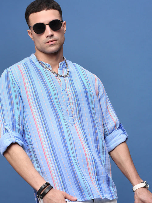 Men Blue Striped Slim Fit Casual Kurta-Amiya-3307-Blue