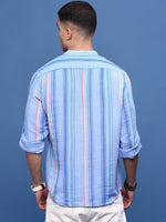 Men Blue Striped Slim Fit Casual Kurta-Amiya-3307-Blue