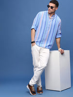 Men Blue Striped Slim Fit Casual Kurta-Amiya-3307-Blue