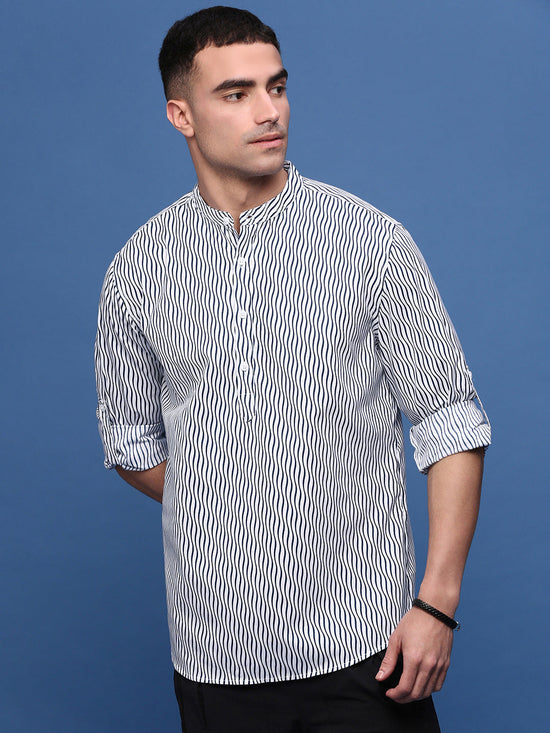 Men White Striped Slim Fit Casual Kurta-Amiya-3317-White