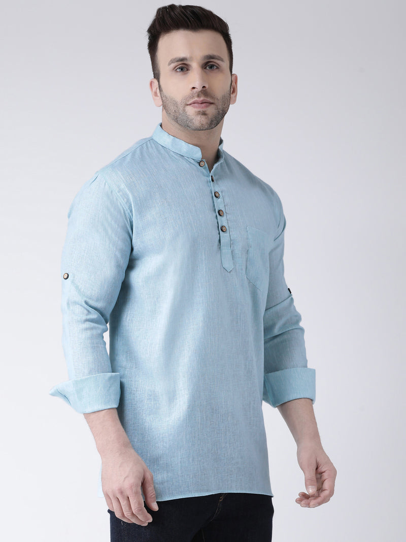 Hangup Men Slim Solid Men's Indian Wear-AquaShortKurta