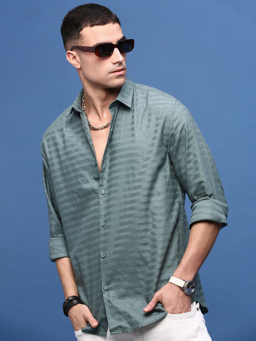 Men Green Slim Fit Striped Shirt-Araminta-3376-Green