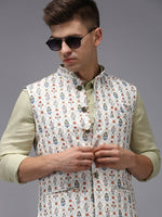 Men Mandarin Collar Printed Cream Nehru Jacket-B-522-Cream