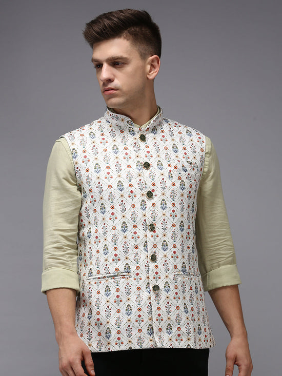 Men Mandarin Collar Printed Cream Nehru Jacket-B-522-Cream