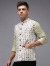 Men Mandarin Collar Printed Cream Nehru Jacket-B-522-Cream