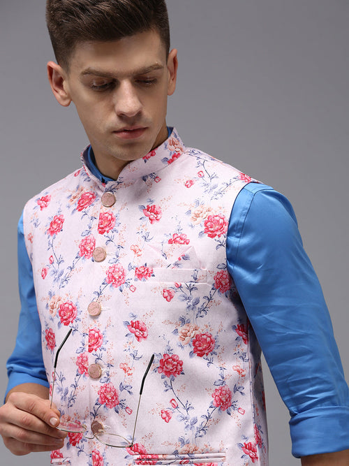 Men Mandarin Collar Printed Pink Nehru Jacket-B-523-Pink