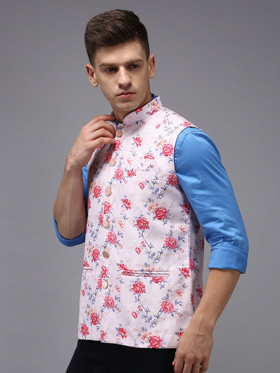 Men Mandarin Collar Printed Pink Nehru Jacket-B-523-Pink