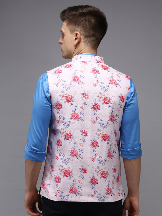 Men Mandarin Collar Printed Pink Nehru Jacket-B-523-Pink