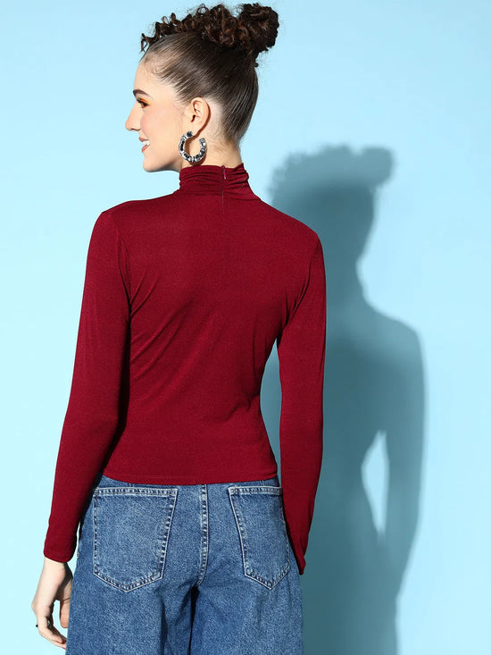 Veni Vidi Vici Maroon High Neck Full Sleeve Bodycon Top