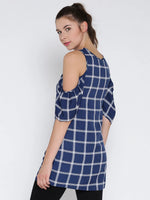 Blue And White Check Cold Shoulder Long