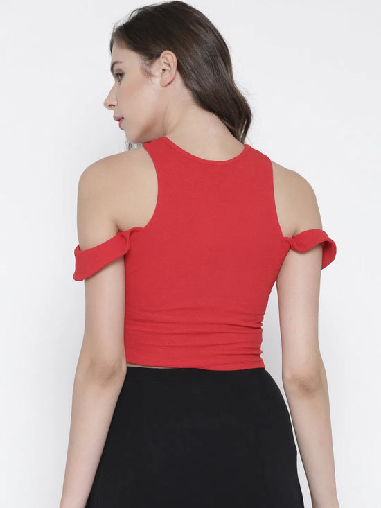 Red Bodycon Crossover Cold Shoulder Crop