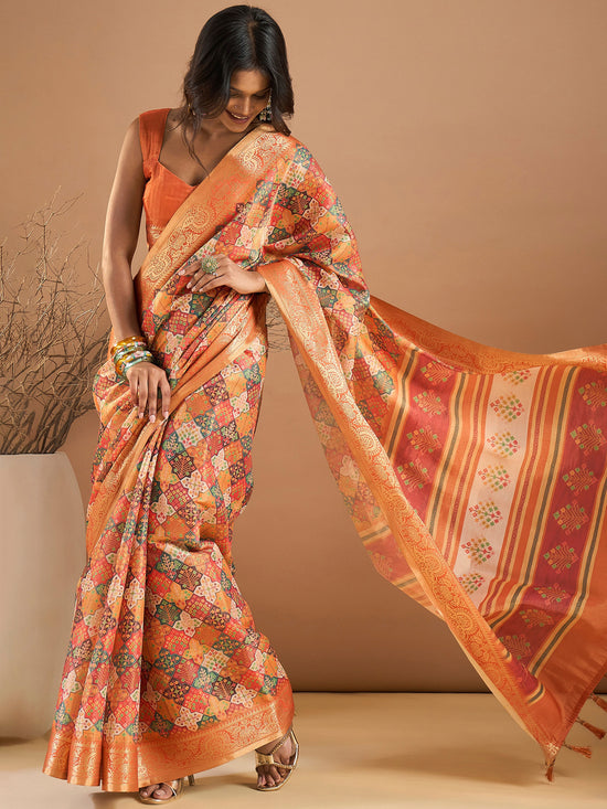 Saree Mall Women's Kanjeevaram  Orange Printed Designer Saree With Blouse Piece-BAHULA111