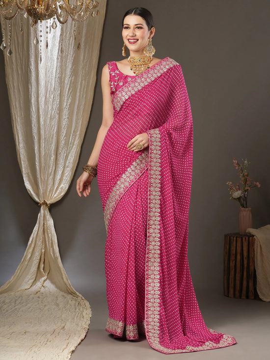 Saree Mall Women's Georgette Pink Zari Embroidered Designer Saree With Blouse Piece-BANDHNI1005