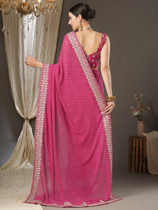 Saree Mall Women's Georgette Pink Zari Embroidered Designer Saree With Blouse Piece-BANDHNI1005