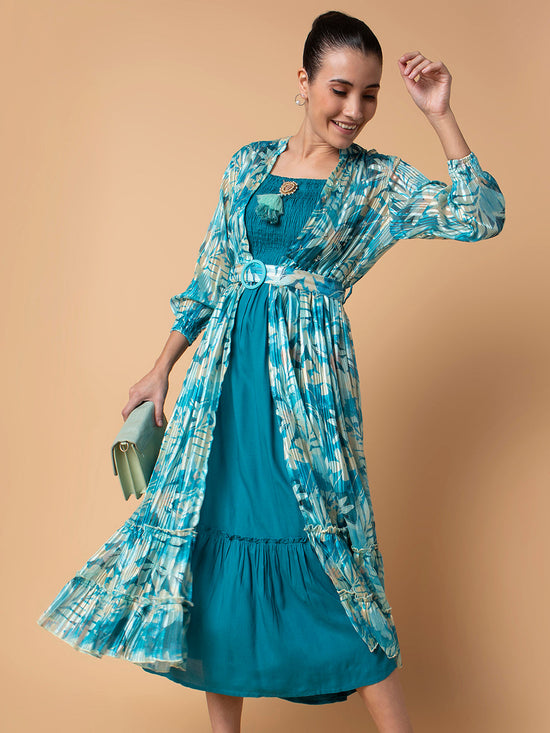 Women Solid Turquoise Blue Midi Fit and Flare Dress with Shrug and Belt-BC-BK-539-Turquoiseblue