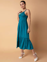 Women Solid Turquoise Blue Midi Fit and Flare Dress with Shrug and Belt-BC-BK-539-Turquoiseblue