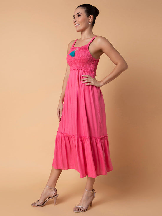 Women Solid Pink Midi Fit and Flare Dress with Shrug and Belt-BC-BK-541-Pink