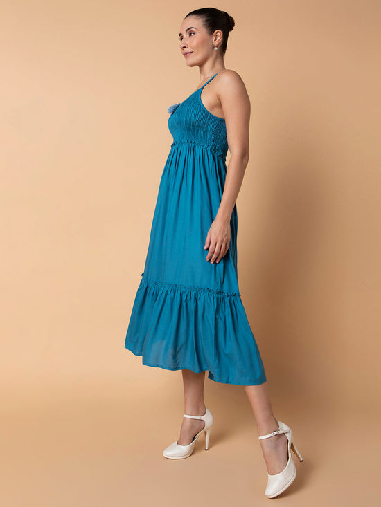 Women Solid Blue Midi Fit and Flare Dress with Shrug and Belt-BC-BK-543-Blue