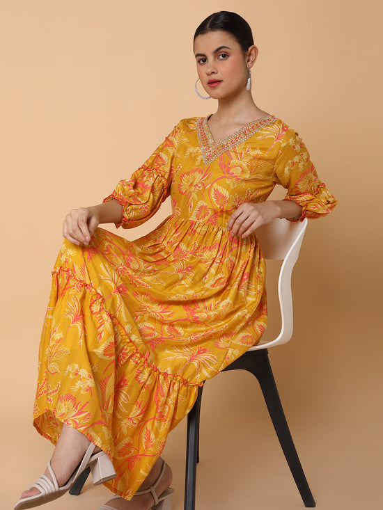 Women Floral Mustard Anarkali Kurta-BC-CK-1051-Mustard