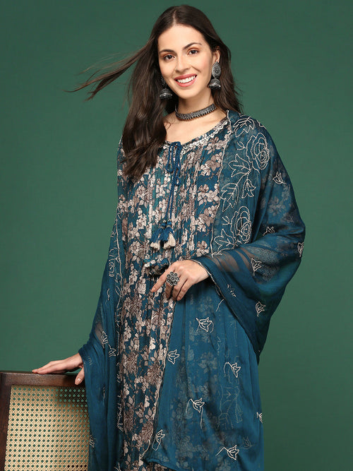 Women Floral Teal A-Line Kurta Set with Dupatta-BC-SK-1461-Teal