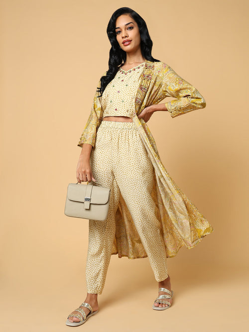 Women Printed Beige Co-Ords Set with Shrug-BC-SK-1570-Beige