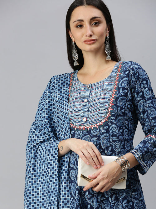 Women A-Line Blue Printed Kurti and Sharara Comes with Dupatta-BC1091-Blue