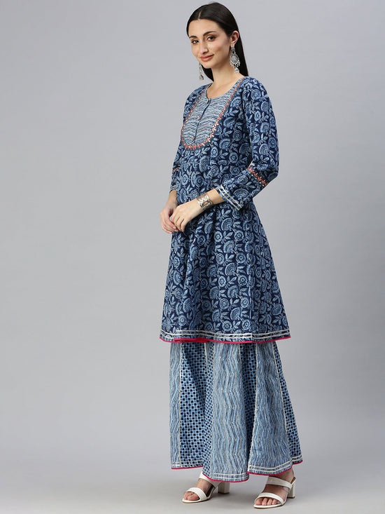 Women A-Line Blue Printed Kurti and Sharara Comes with Dupatta-BC1091-Blue