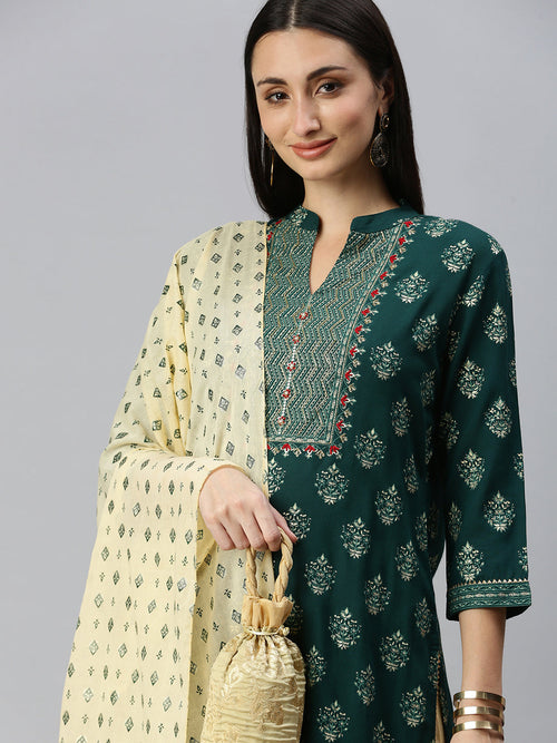 Women Straight Green Printed Kurta and Sharara Comes with Dupatta-BC1222-Green