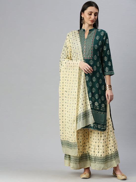 Women Straight Green Printed Kurta and Sharara Comes with Dupatta-BC1222-Green