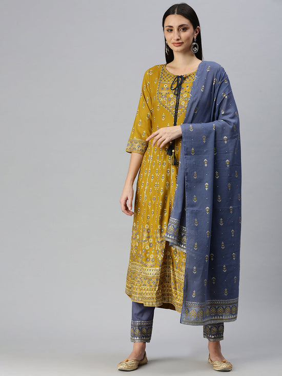 Women Anarkali Mustard Printed Kurta and Trousers Comes with Dupatta-BC1242-Mustard-Blue