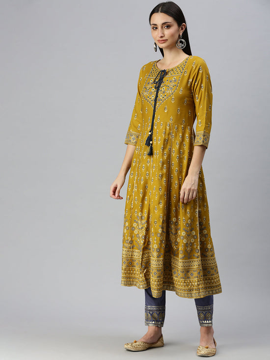 Women Anarkali Mustard Printed Kurta and Trousers Comes with Dupatta-BC1242-Mustard-Blue