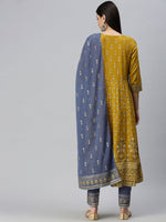 Women Anarkali Mustard Printed Kurta and Trousers Comes with Dupatta-BC1242-Mustard-Blue