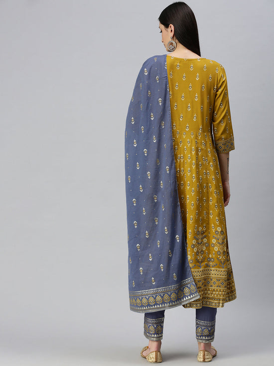 Women Anarkali Mustard Printed Kurta and Trousers Comes with Dupatta-BC1242-Mustard-Blue