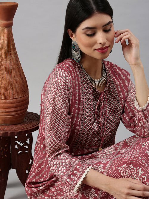 Women Anarkali Pink Printed Kurta and Trousers-BC1316-Pink