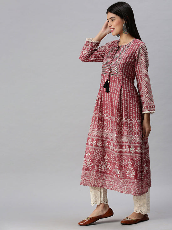 Women Anarkali Pink Printed Kurta and Trousers-BC1316-Pink