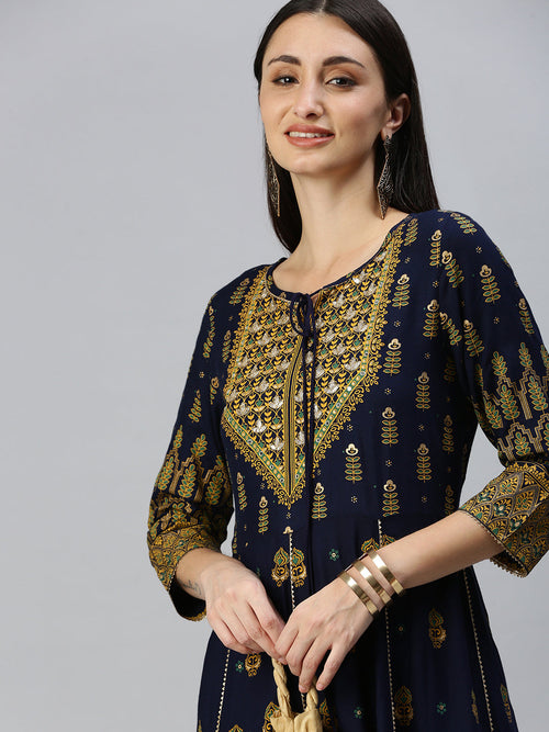 Women Printed Navy Blue Anarkali Kurta-BC859-Navyblue