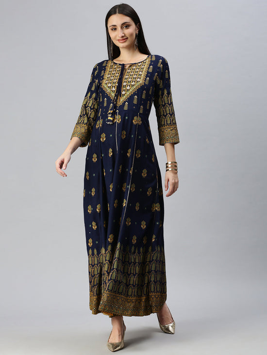 Women Printed Navy Blue Anarkali Kurta-BC859-Navyblue