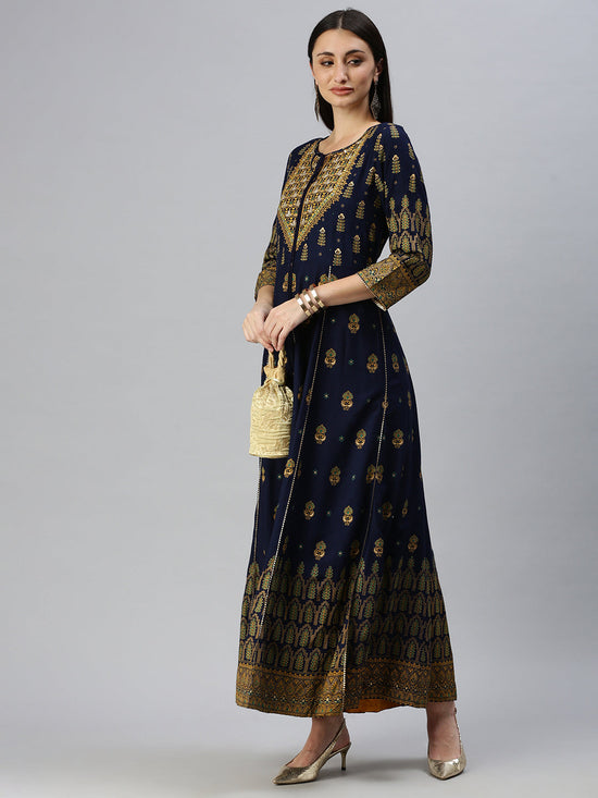 Women Printed Navy Blue Anarkali Kurta-BC859-Navyblue