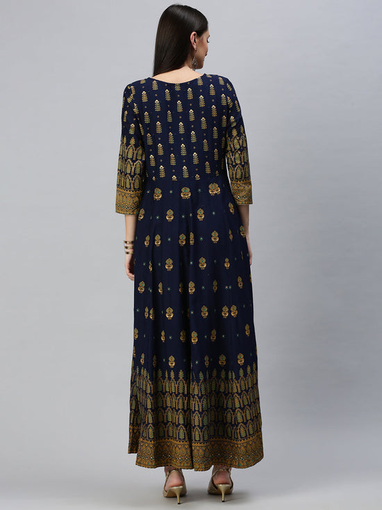 Women Printed Navy Blue Anarkali Kurta-BC859-Navyblue