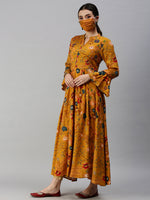 Women Mandarin Collar Printed Yellow Anarkali Kurta-BCCK689-Yellow