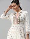 Women V-Neck Printed White Anarkali Kurta-BCCK837-White-Red